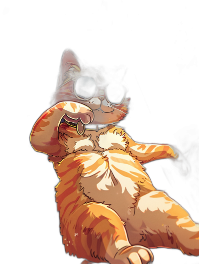 digital art of a cute and fat orange cat, wearing sunglasses, with its hand up looking at the camera against a black background, chilling happily and funnily in the style of an image.