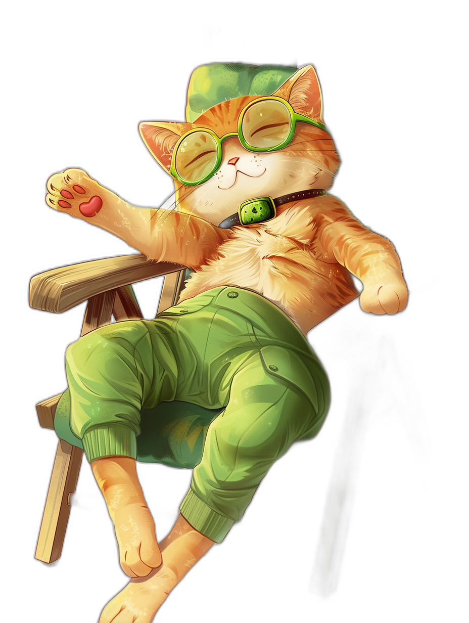 A cute orange cat, wearing green pants and glasses with a hat on its head sleeping in a chair pose. A full body portrait with a black background in the style of League of Legends art.