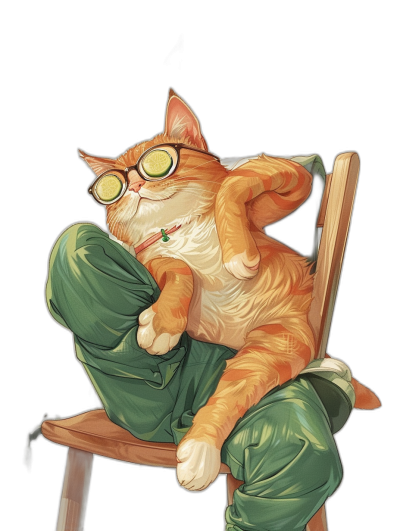 a cute orange cat with round glasses is sitting on the chair, wearing green pajamas and holding cucumber in its mouth; cartoon style; black background; digital art; warm color scheme; funny expression; detailed fur texture; soft lighting; portrait shot; close-up view; high angle perspective