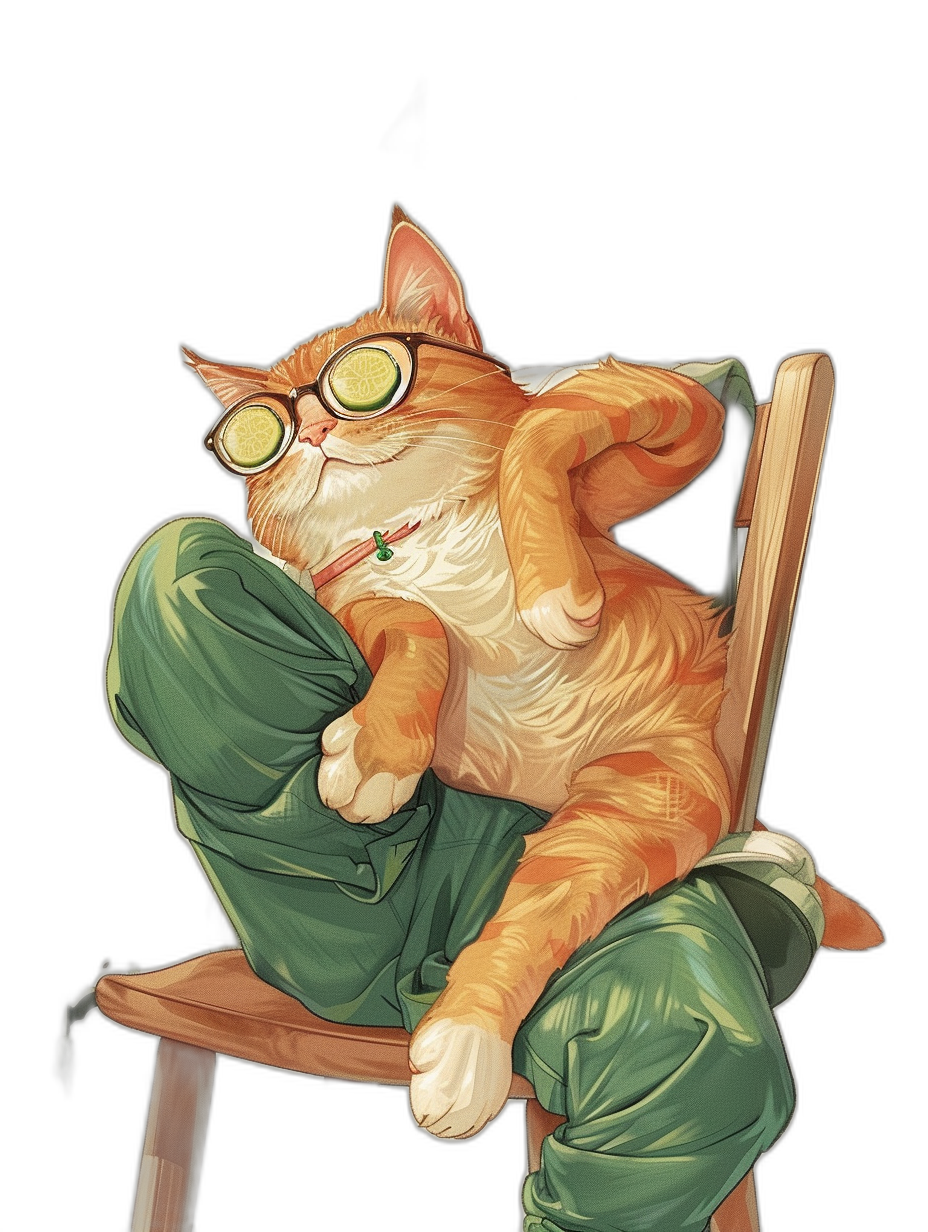 a cute orange cat with round glasses is sitting on the chair, wearing green pajamas and holding cucumber in its mouth; cartoon style; black background; digital art; warm color scheme; funny expression; detailed fur texture; soft lighting; portrait shot; close-up view; high angle perspective