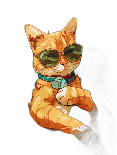 digital art of a cool and fat orange cat, wearing sunglasses and a collar with a bell, with one paw on the other hand, against a black background, with chill vibes. The art is in the style of.