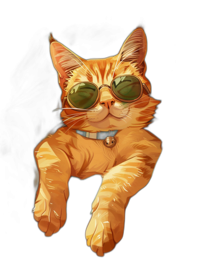 digital art of cool and fat orange cat , wearing sunglasses, black background , chill expression , chilling happy mood