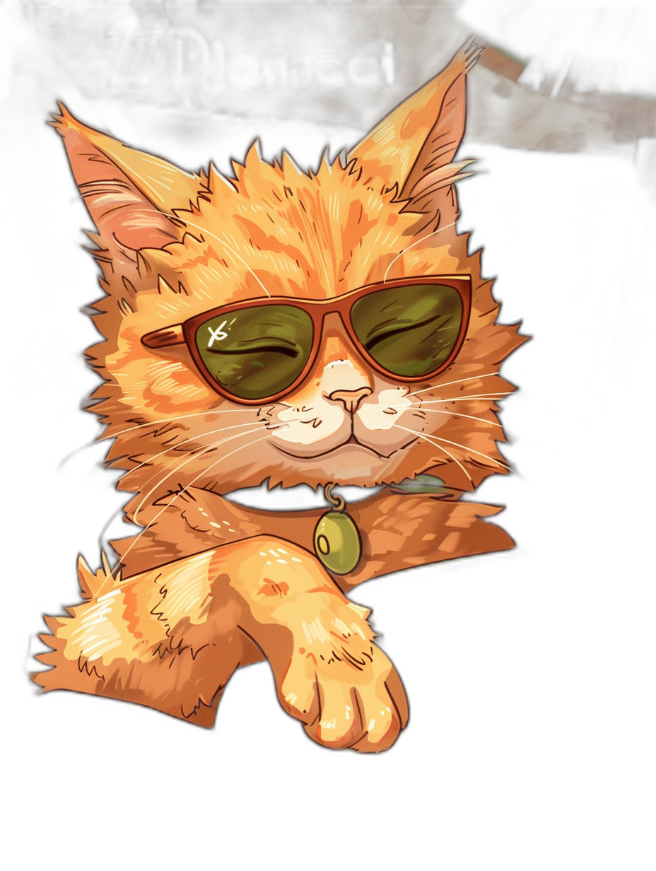 digital art of cool and fat orange cat , wearing sunglasses, with black background , chill smile , full body