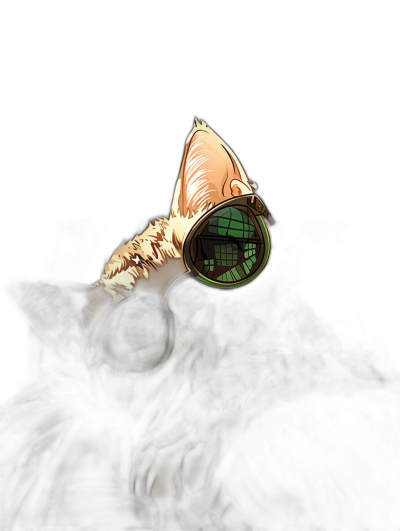 A cat with green glowing eyes wearing steampunk goggles on a black background in a cartoon style as vector art and a digital painting from a low angle view with warm colors and a fantasy and anime and cinematic style as a portrait with silhouette lighting and dark shadows and ambient occlusion and global illumination.