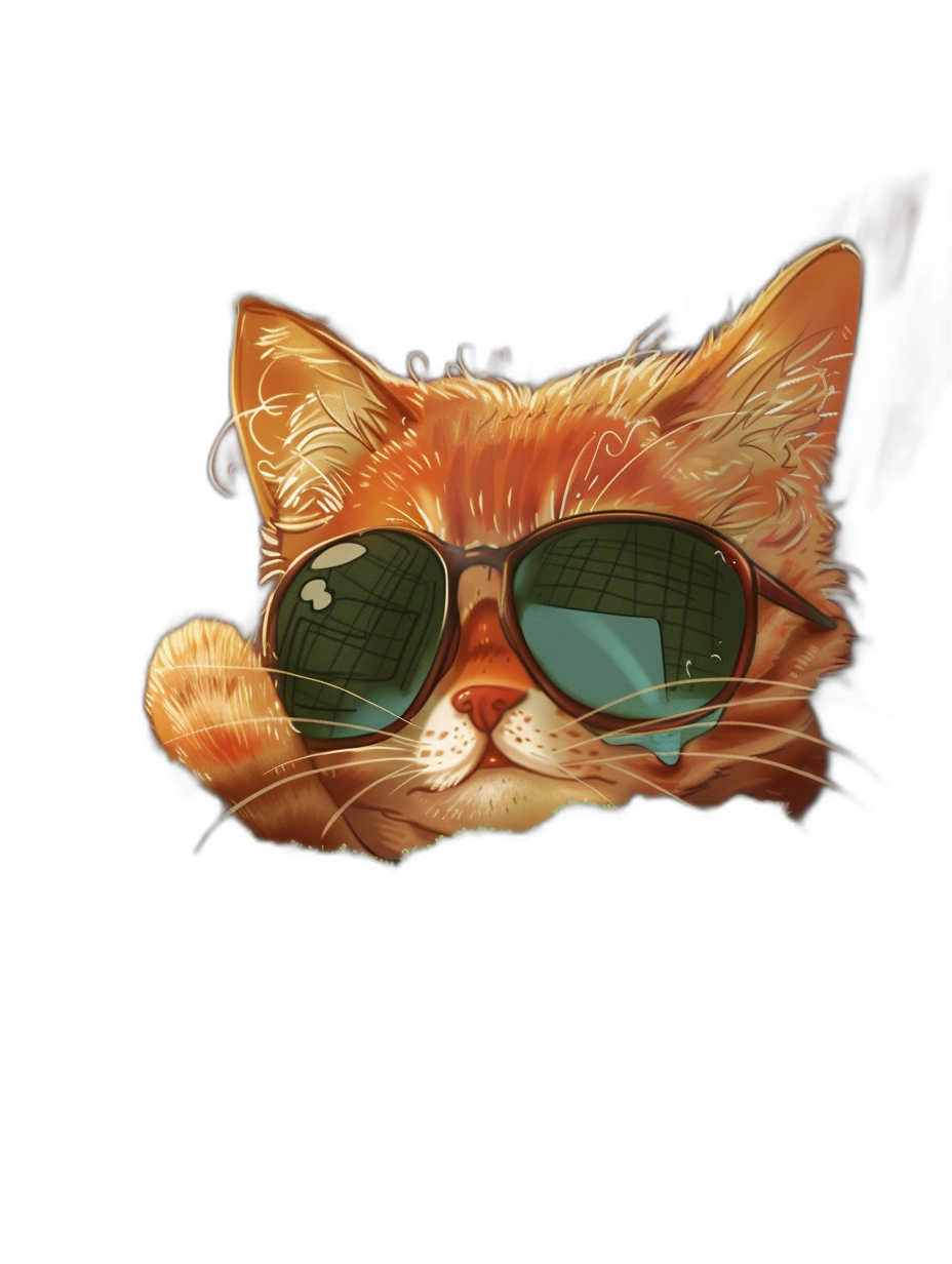 digital art of cool and fat orange cat , wearing sunglasses, chill face expression with black background