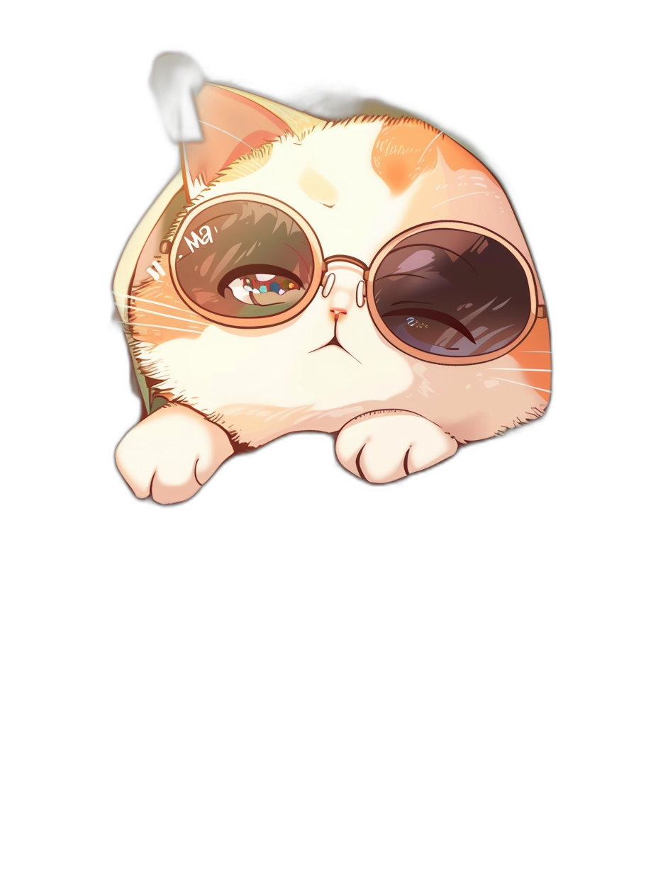 A cute cat wearing sunglasses, smiling and peeking out from behind the edge of an iPhone with a black background, in the style of Japanese anime.