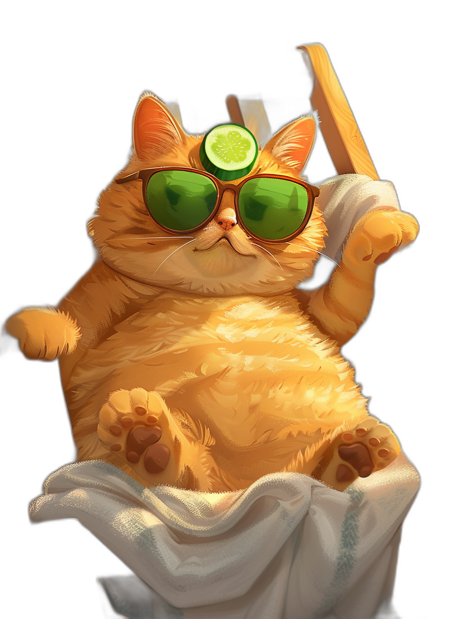 digital art of cute fat orange cat , wearing sunglasses with green lens, sitting on the chair and holding white towel , there is cucumber at top head , black background , chill vibes