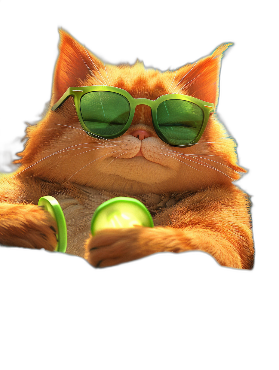 digital art of a cute fat orange cat, wearing green sunglasses, holding an iPhone with a green screen background, with a chill and happy expression in the style of green screen.