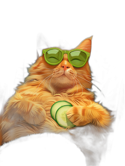 a digital art illustration of an orange cat wearing green sunglasses lounging with cucumber in its paws, isolated on black background, hyper realistic, extreme detail, high resolution photography