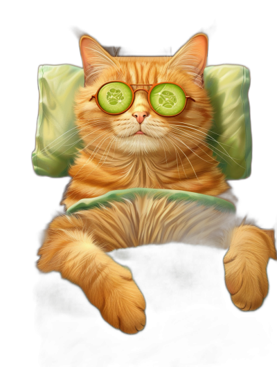 illustration of an orange cat wearing cucumber slice sunglasses, sitting in spa chair with green pillow on black background, full body shot, cute, funny, digital art, digital painting, high resolution