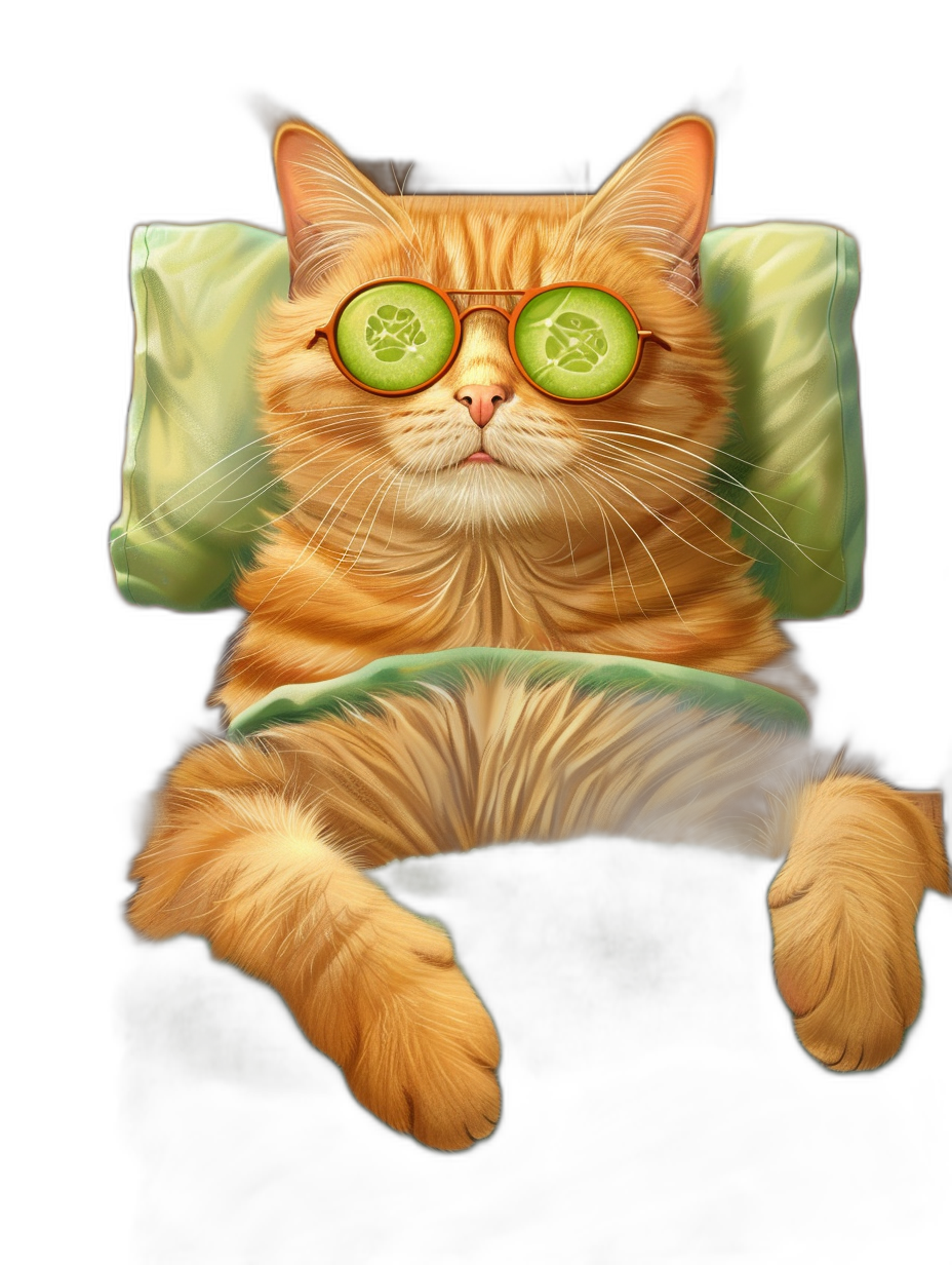 illustration of an orange cat wearing cucumber slice sunglasses, sitting in spa chair with green pillow on black background, full body shot, cute, funny, digital art, digital painting, high resolution