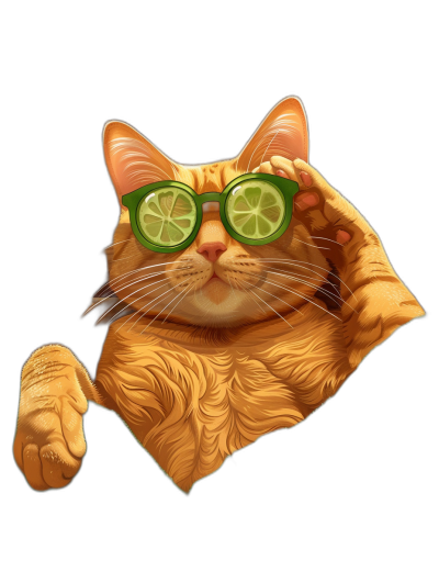 A cute ginger cat with lime green glasses, making the Shush gesture with his paw, vector art illustration, on black background, t-shirt design, solid color background, no mockup, high resolution, highly detailed, sharp focus, professional photograph