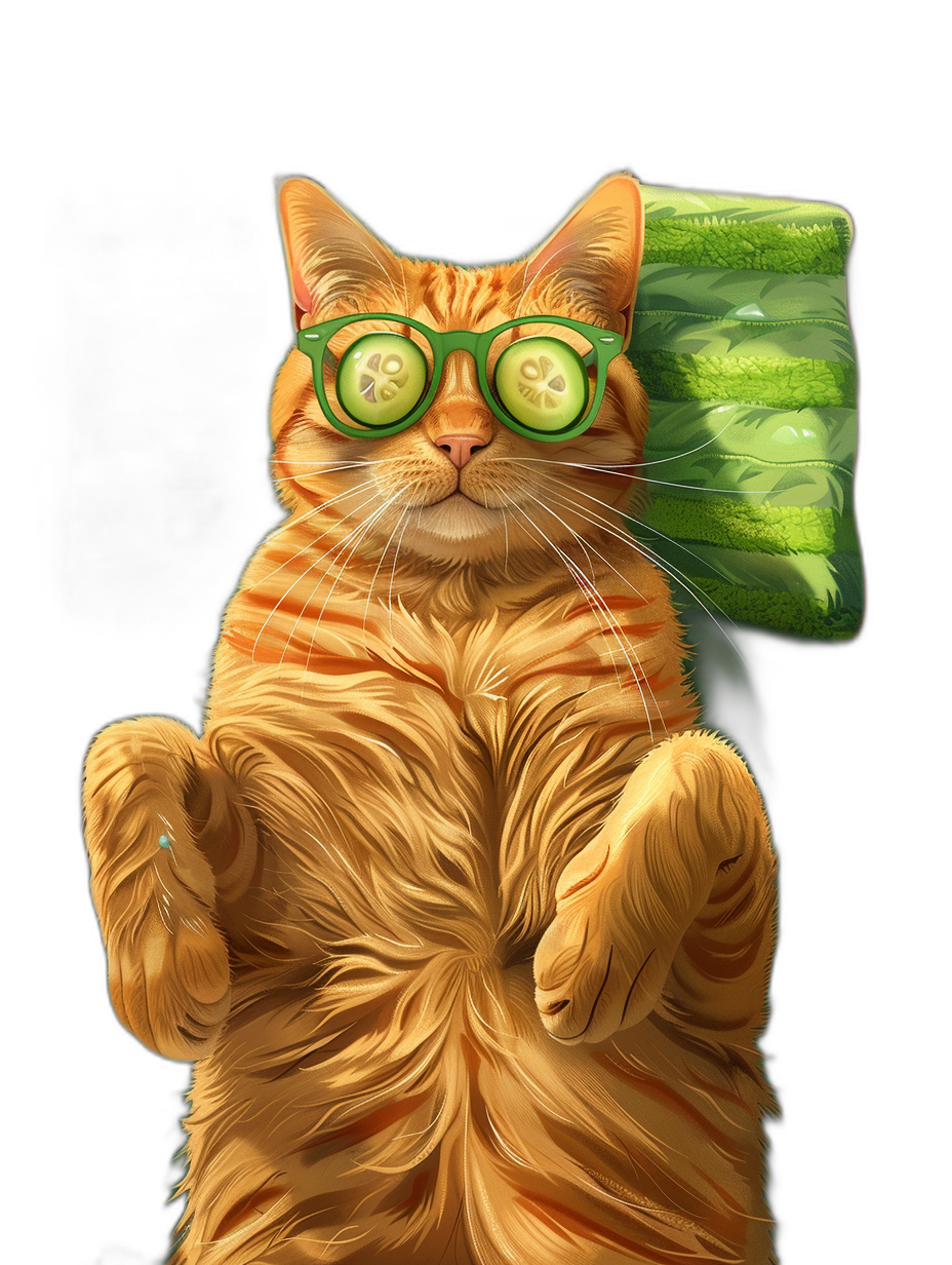 digital art of a cute and fat orange cat wearing green glasses, the ginger tabby has one eye covered with a cucumber slice, holding a pillow in its hand, black background, in the style of painting.