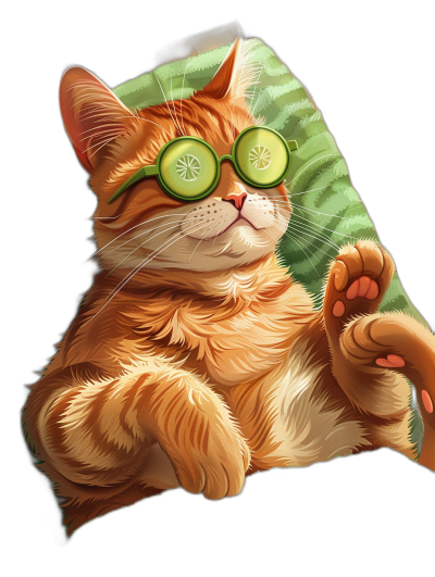 digital art of cute and fat orange cat , wearing green sunglasses with cucumber on its eyes, lying down in the spa lounge with black background , holding one paw up to camera for high five