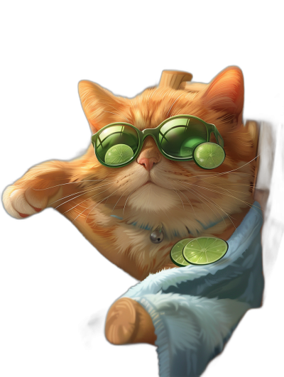 digital art of cute and fat orange cat , wearing sunglasses with lime green lens, holding white towel on the hand , black background , chill vibes