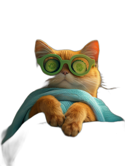 A cute ginger cat wearing green sunglasses and a blue towel, sitting in a spa with cucumbers on its eyes against a black background, in the style of hyper realistic photography.