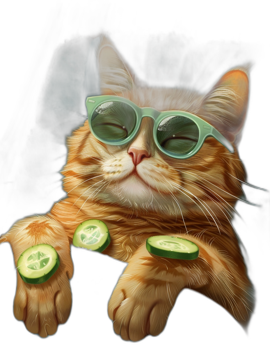 A ginger cat wearing sunglasses, lying on his back with cucumber slices in front of him, in the style of a vector illustration, on a black background, with a cartoon character design, using digital art technology, in a colorful painting style, with high definition resolution, looking cute and dreamy, on a solid color background.