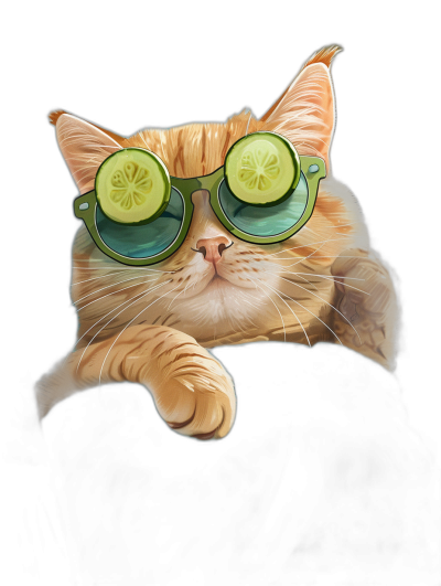 digital art of cute and fat orange cat wearing sunglasses with cucumber on eyes, black background , chill expression, full body portrait view