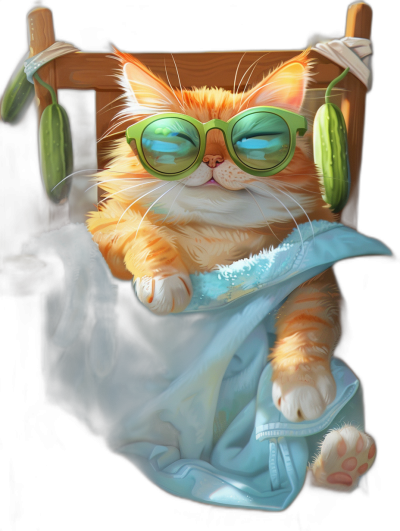 digital art of cute and fat orange cat wearing green sunglasses , the kitten is sitting on chair with blue towel around its body, there's some cucumber hanging from his ear , black background , chilling happy and funny