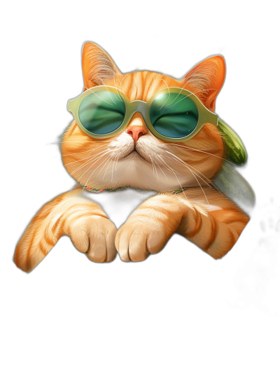 digital art of cute fat orange cat , wearing sunglasses with green lens, black background , chill and funny vibes, one paw hanging out from the edge on top of table