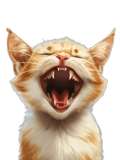 A cute smiling cat with its mouth open showing sharp teeth, hyper realistic, high resolution, high details, digital art in the style of [WLOP](https://goo.gl/search?artist%20WLOP) and [Artgerm](https://goo.gl/search?artist%20Artgerm), full body portrait, black background