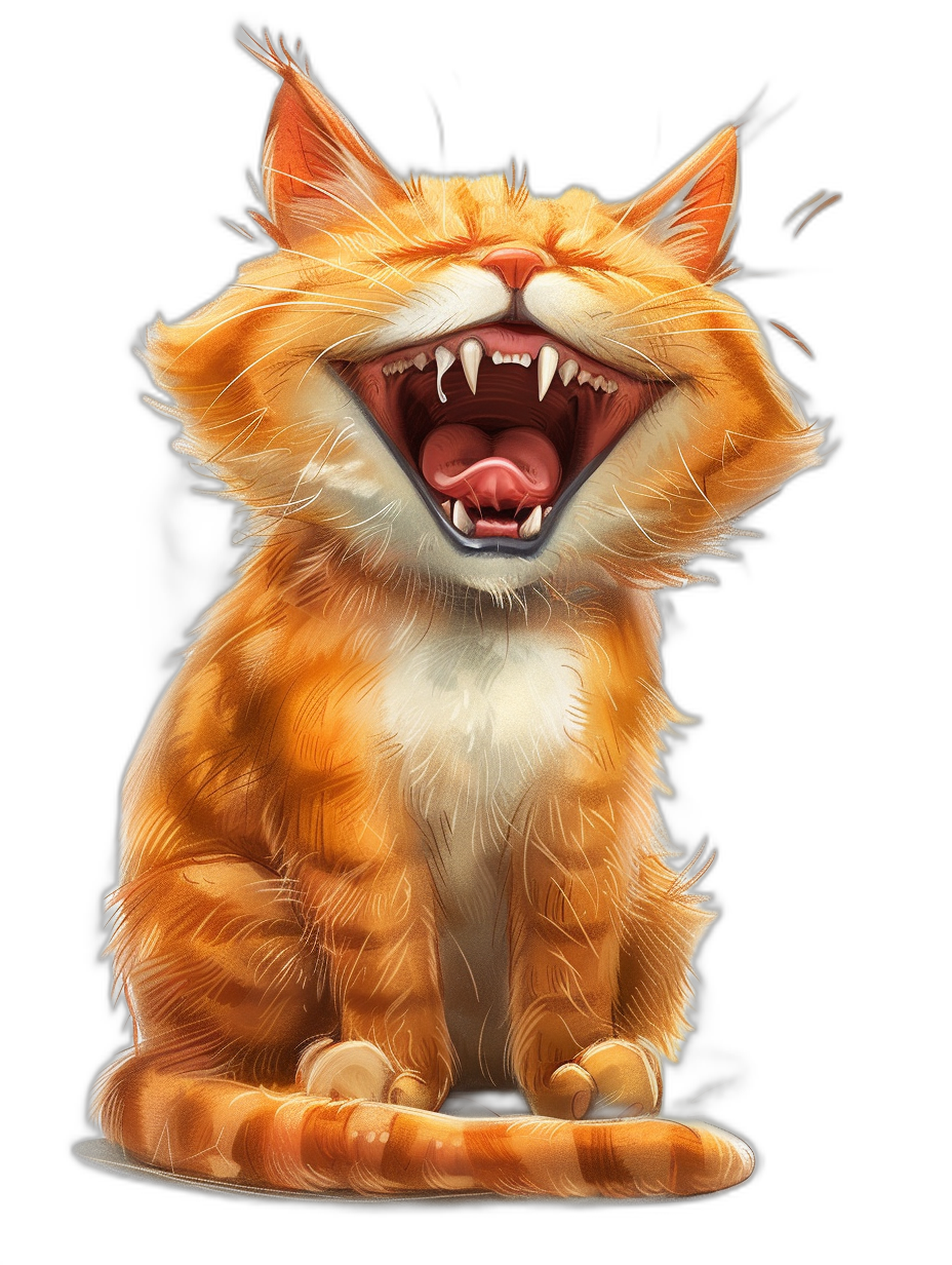 A cute ginger cat, laughing and showing its teeth, digital art style, black background, cartoon character design, high resolution