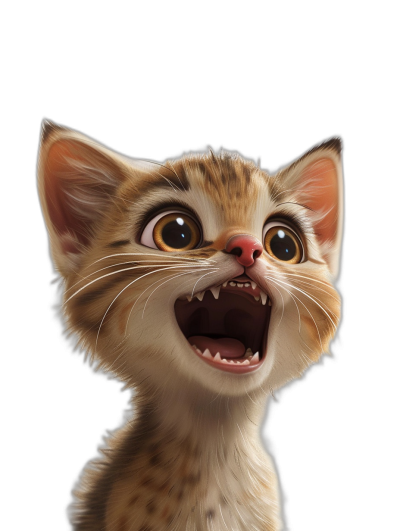 A cute happy cat with big eyes, mouth open showing teeth against a black background in the Disney Pixar style of character design. The digital art is in the style of [Greg Rutkowski](https://goo.gl/search?artist%20Greg%20Rutkowski) and [Thomas Kinkade](https://goo.gl/search?artist%20Thomas%20Kinkade), rendered with octane at a high resolution for a hyper realistic effect.