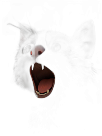 A black cat's mouth is open, showing sharp teeth, with red eyes glowing in the dark against a completely pitch black background. It is rendered in the style of Pixar-style animation and 3D rendering.