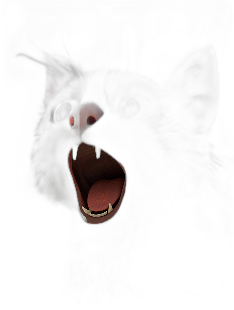 A black cat’s mouth is open, showing sharp teeth, with red eyes glowing in the dark against a completely pitch black background. It is rendered in the style of Pixar-style animation and 3D rendering.