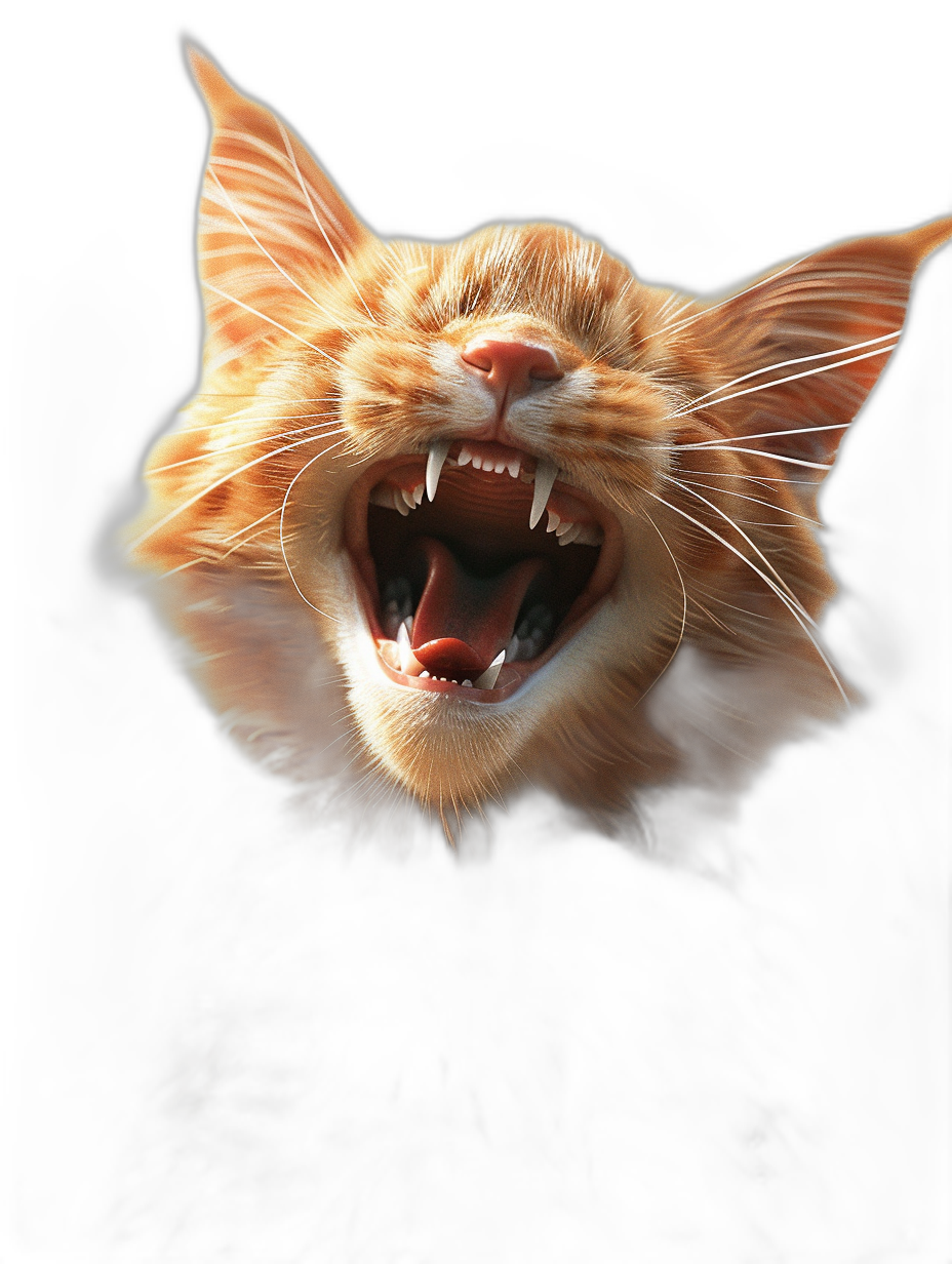 a cute orange cat with sharp teeth laughing, solid black background, portrait, hyper realistic, hyper detaild, octane render,