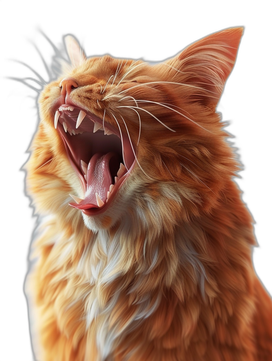 realistic digital illustration of an orange cat, opening its mouth to yawn with big teeth visible, close up portrait, black background, high details