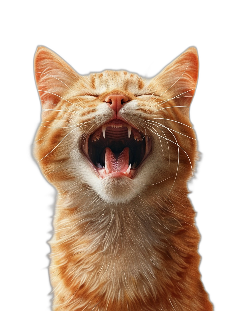 a cute orange cat laughing with its mouth open, black background, hyper realistic photo realism