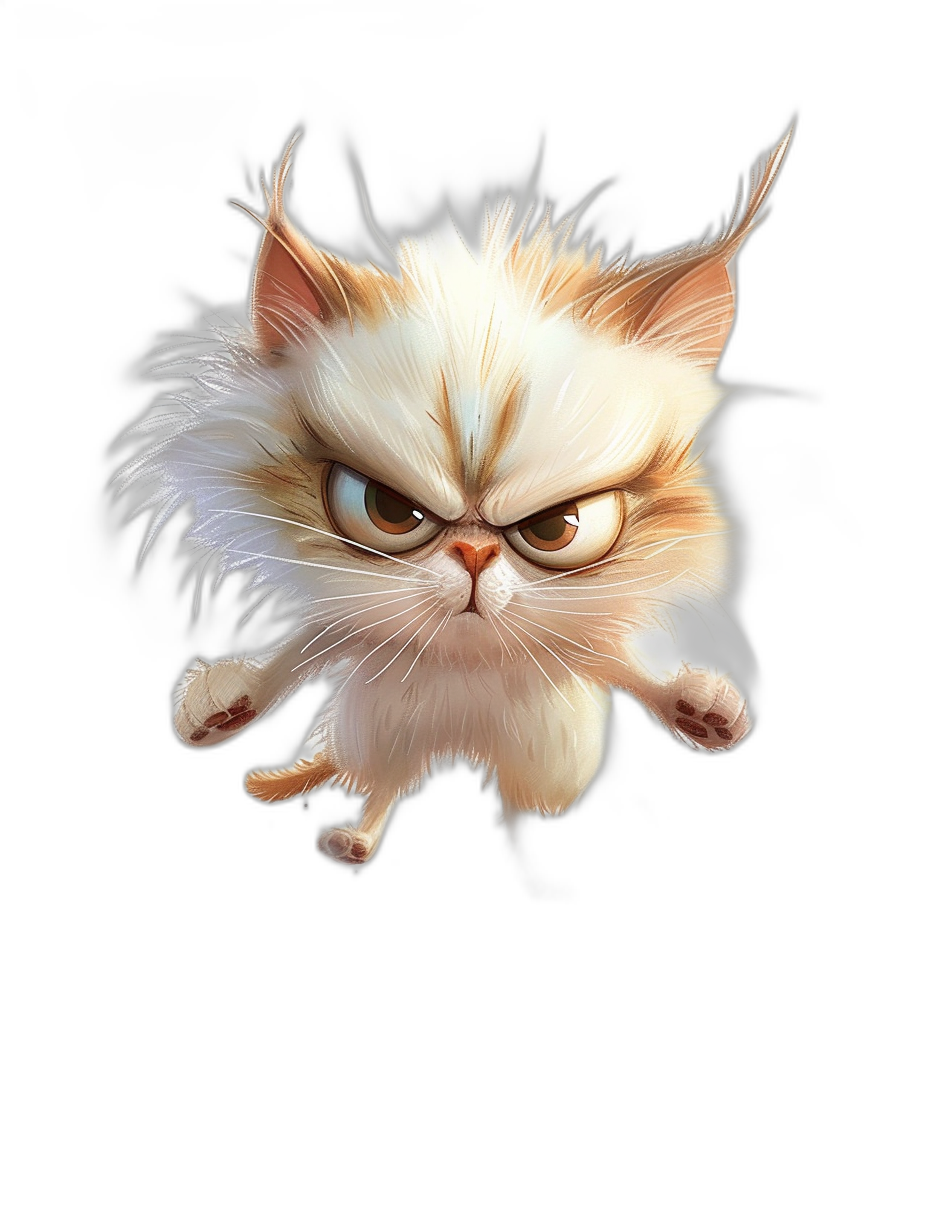 funny cartoon grumpy cat jumping on a black background, high resolution digital art in the style of white and tan fur colors with minimal repeated words or Chinese characters and corrected spelling and grammar errors