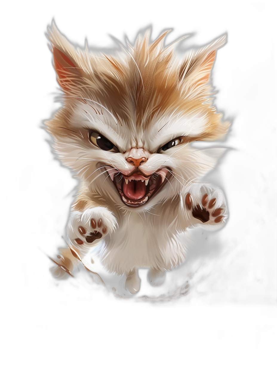 realistic digital illustration of an angry cute kitten, jumping and showing teeth on a black background, in the style of fantasy art