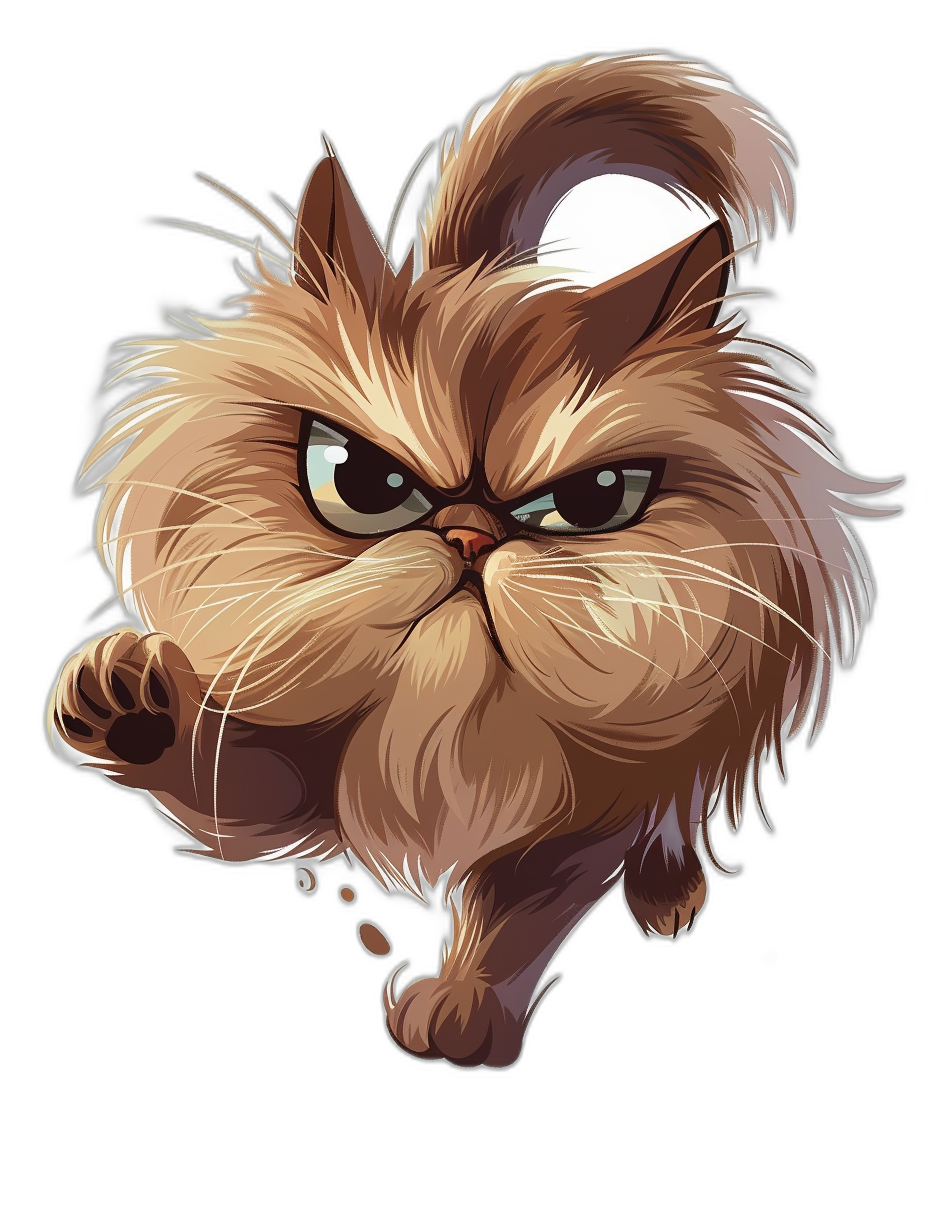 A Persian cat cartoon character running towards the camera with an angry face, in the style of a vector illustration with clear outlines and a black background.