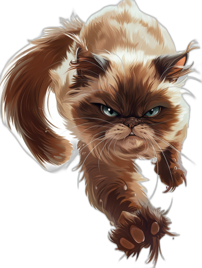 A grumpy cat with brown fur and green eyes is running in the style of anime, vector art, high detail against a dark background in the digital painting style with hyper realistic fantasy concept art.