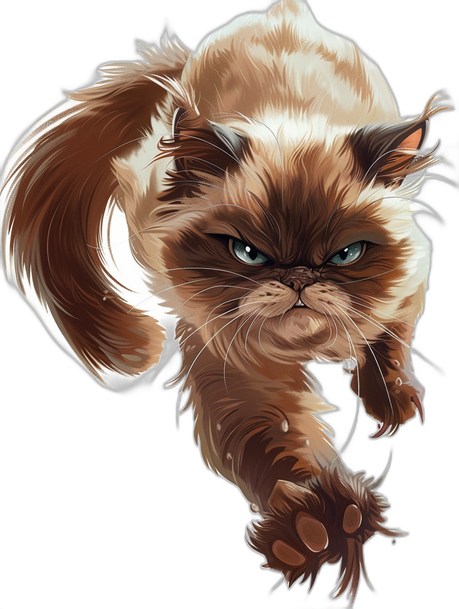 A grumpy cat with brown fur and green eyes is running in the style of anime, vector art, high detail against a dark background in the digital painting style with hyper realistic fantasy concept art.