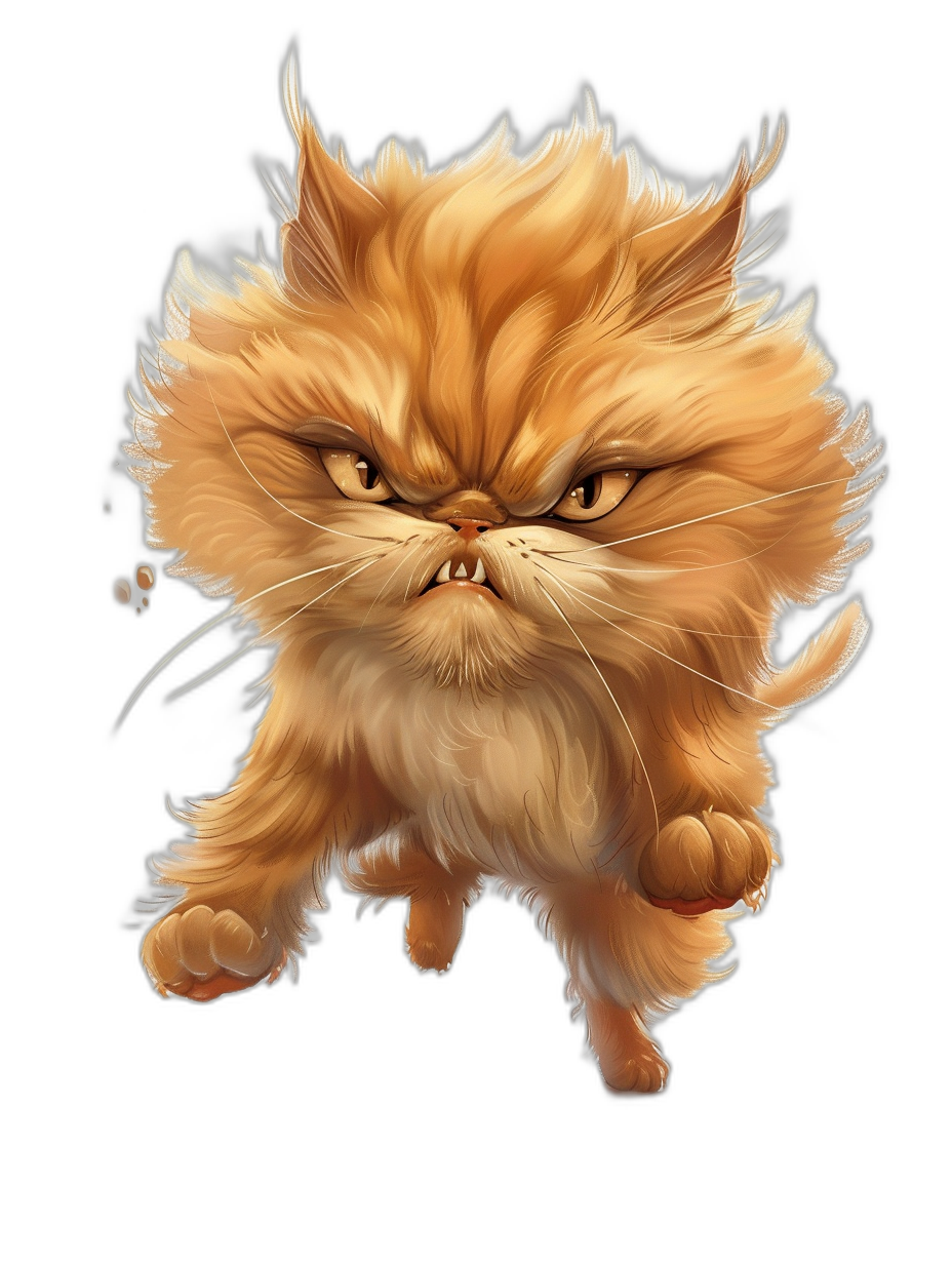 A cute angry Persian cat, in a cartoon style, running in the air, isolated on a black background, digital art in the style of [Artgerm](https://goo.gl/search?artist%20Artgerm) and [Atey Ghailan](https://goo.gl/search?artist%20Atey%20Ghailan), full body shot.