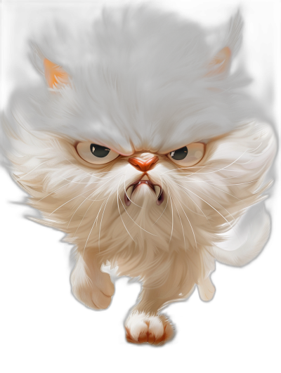 An angry white and grey Persian cat cartoon character in the style of Disney, running towards the camera with its head tilted to one side. Black background. The fur is very fluffy. It has dark gray eyes. There's lots of airbrushed detail on its face. It looks like it’s just ready for battle. Its paws are showing as if they were about to strike something. Exaggerated features make it look more whimsical. The fur is very detailed and realistic.