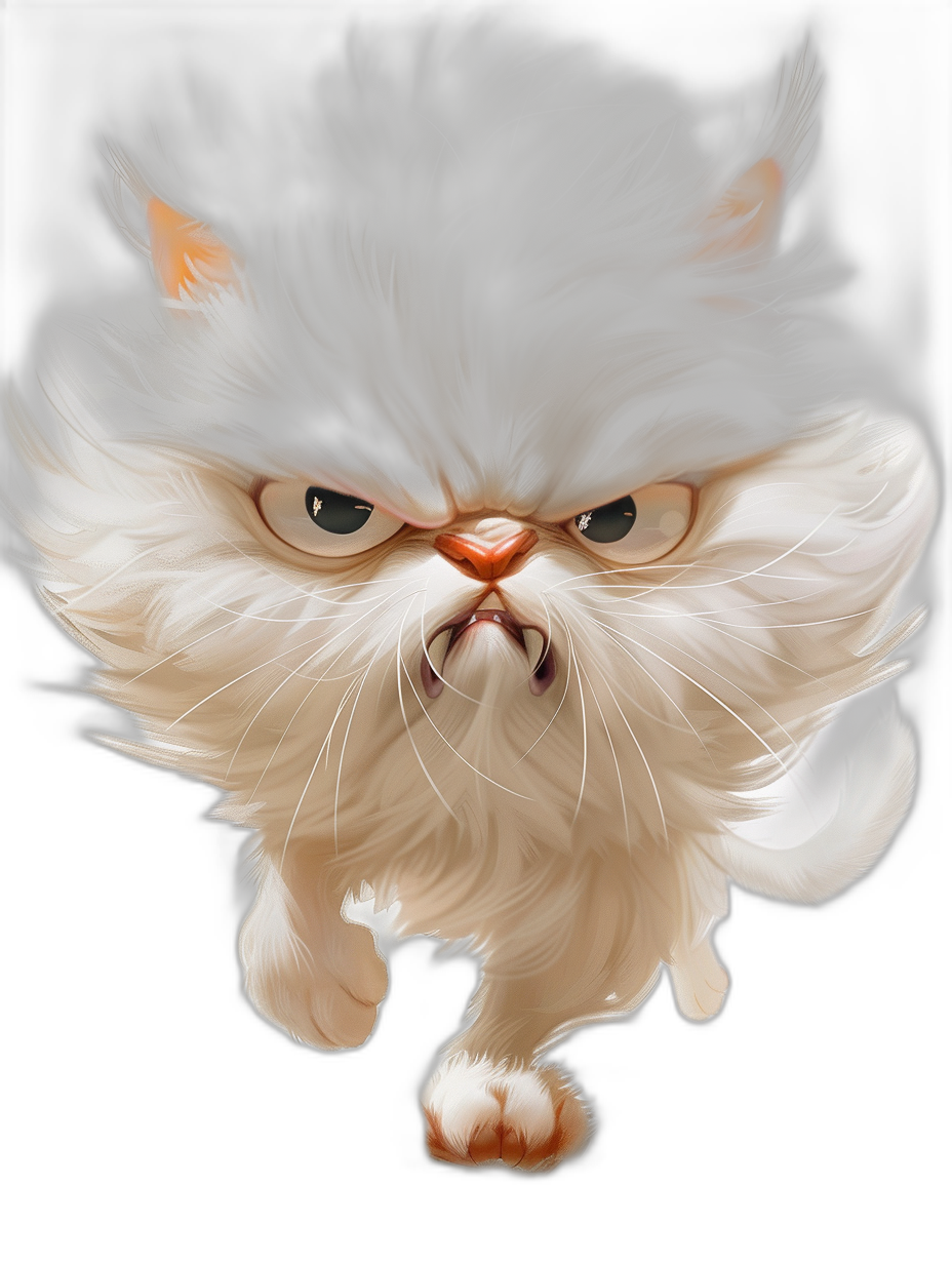 An angry white and grey Persian cat cartoon character in the style of Disney, running towards the camera with its head tilted to one side. Black background. The fur is very fluffy. It has dark gray eyes. There’s lots of airbrushed detail on its face. It looks like it’s just ready for battle. Its paws are showing as if they were about to strike something. Exaggerated features make it look more whimsical. The fur is very detailed and realistic.