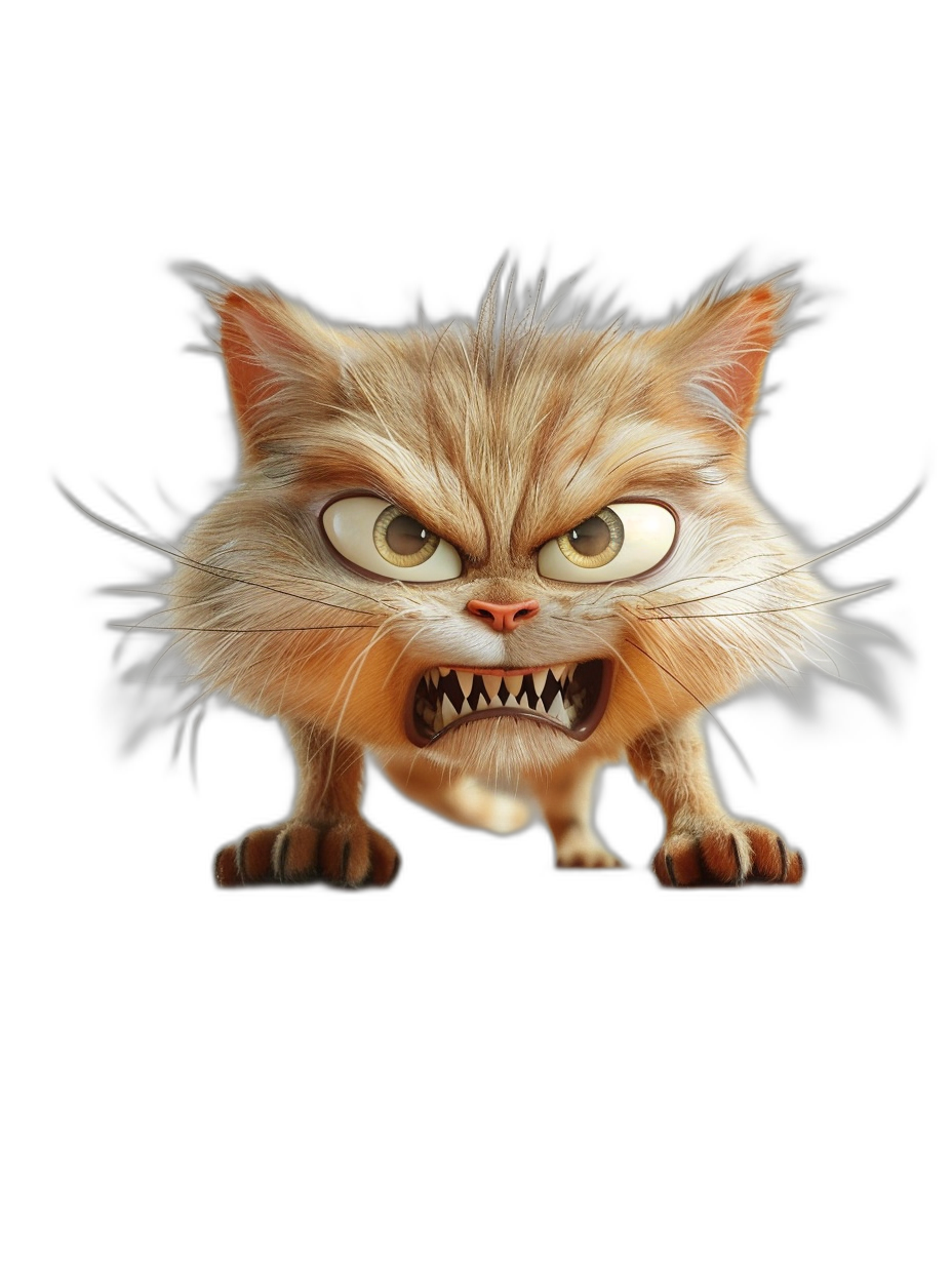 realistic angry cat in the style of Pixar on a black background