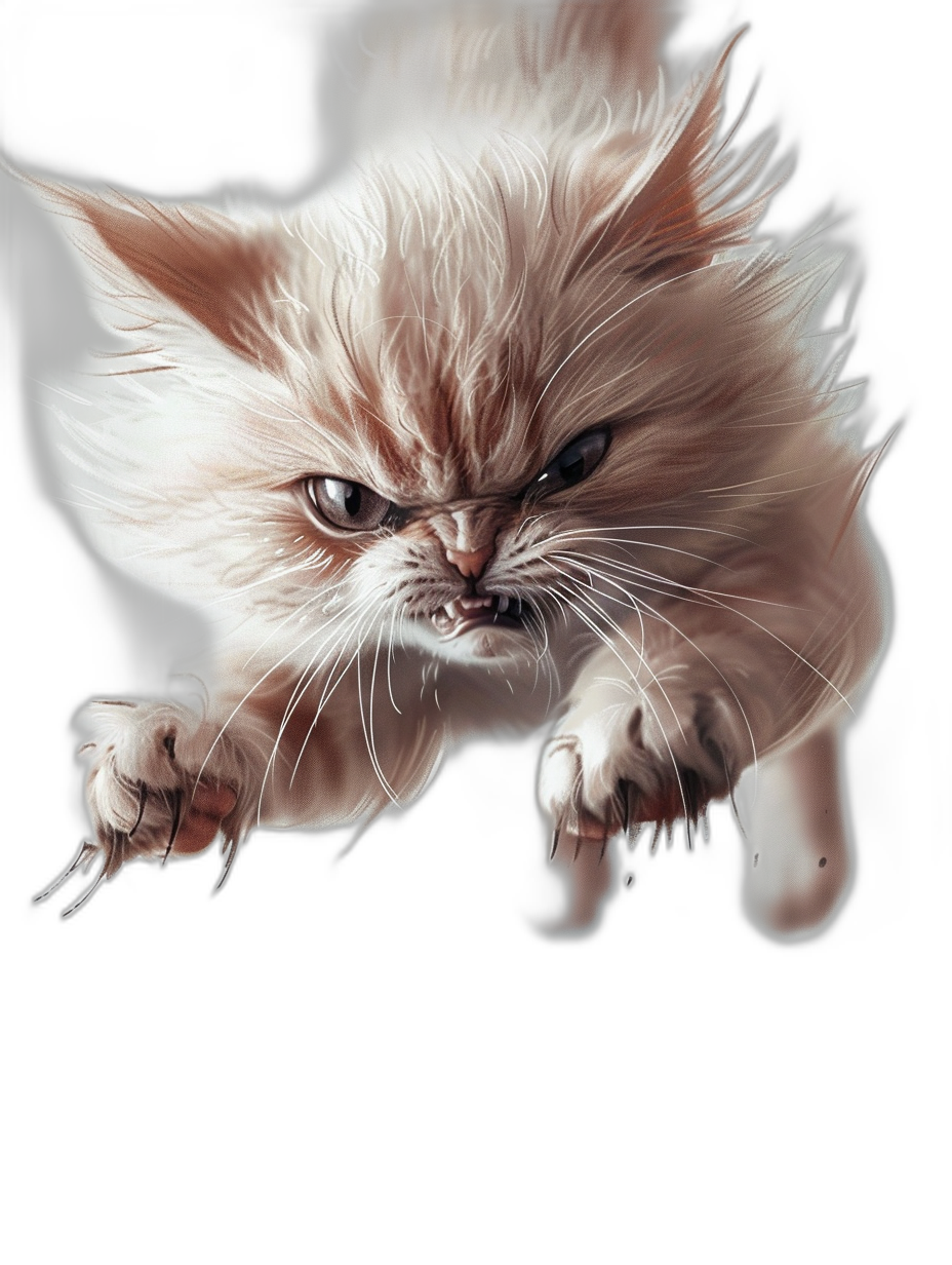 realistic digital illustration of an angry flying persian cat against a black background, in the style of [Frank Cho](https://goo.gl/search?artist%20Frank%20Cho), unreal engine