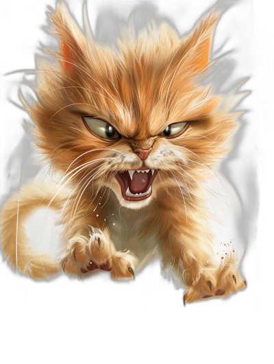 A cute angry cat in the style of manga, with detailed fur and claws, isolated on a black background, in the style of [Artgerm](https://goo.gl/search?artist%20Artgerm), high resolution, very detailed, full body portrait, full color, with white smoke coming from its mouth, a white chest and orange face, green eyes, long hair, white paws, very angry with fangs showing, in a cartoon style, digital art.