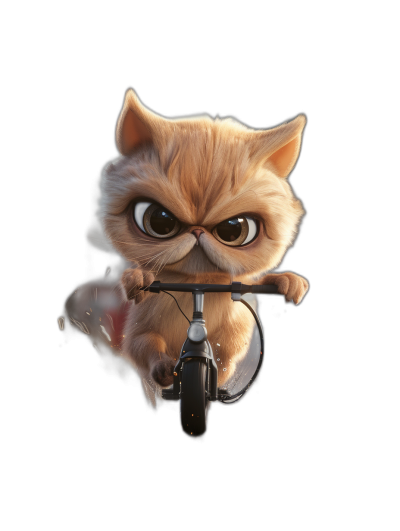 front view of an angry and cute persian cat on the scooter, in the style of Pixar, cartoon character in black background, full body shot, high resolution, very detailed, hyper realistic, octane render