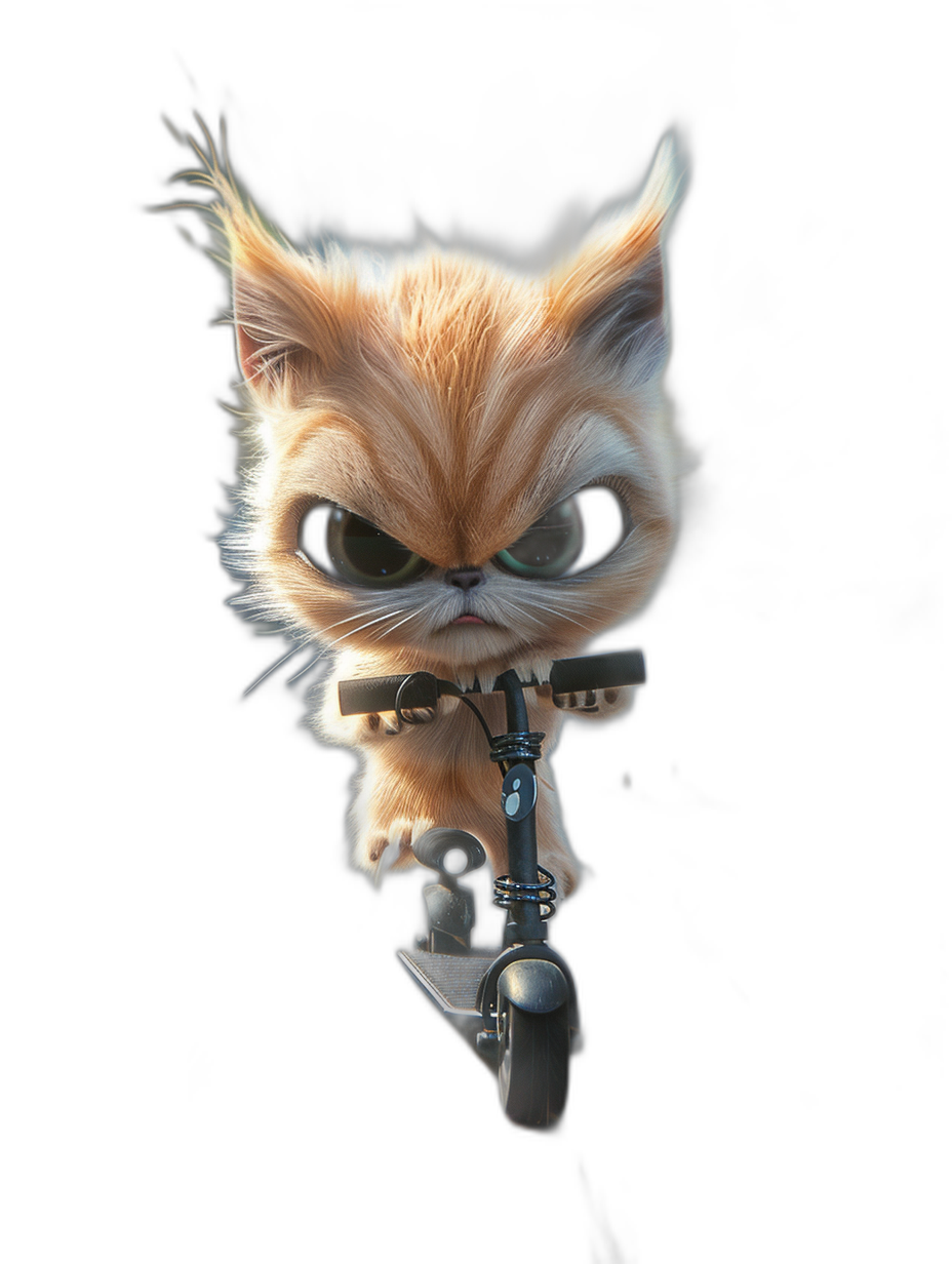 Character design of an angry cute kitten with big eyes, holding on to the handlebar and sitting on top of his scooter against a black background, in the style of Pixar, with 3D rendering and Octane rendering in Unreal Engine.