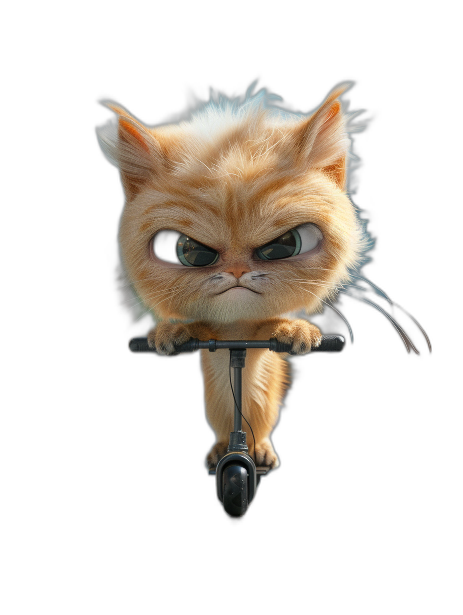 3D render of a cute Persian cat with big eyes, riding an electric scooter on a black background, with an angry expression, fluffy fur, highly detailed, in the studio lighting, with octane rendering, in the style of ArtStation.