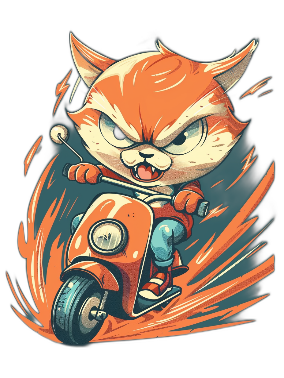 vector design of an angry cartoon red cat riding on a scooter, isolated on a black background, in the style of manga tshirt print