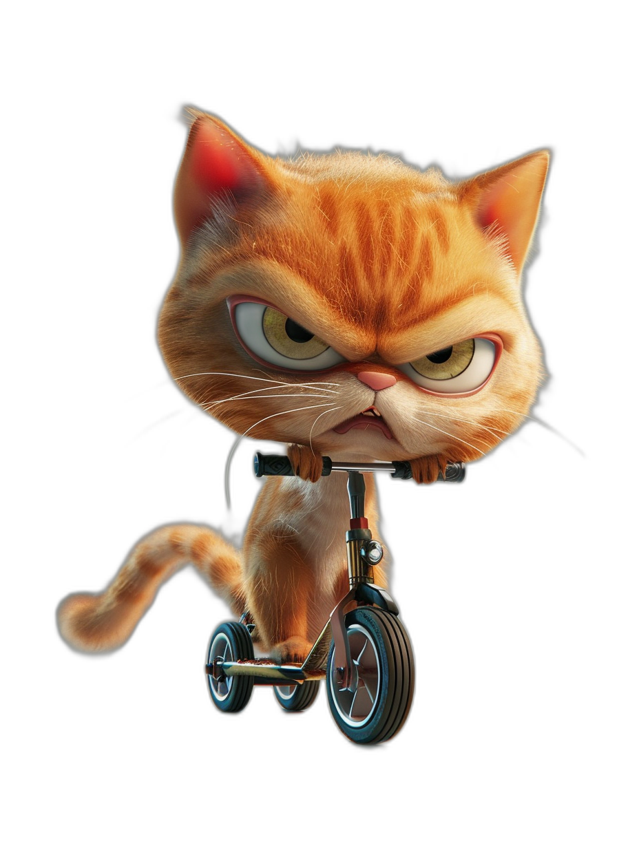 grumpy orange cat on scooter, black background, in the style of Pixar, cartoon character, cute and funny, high resolution