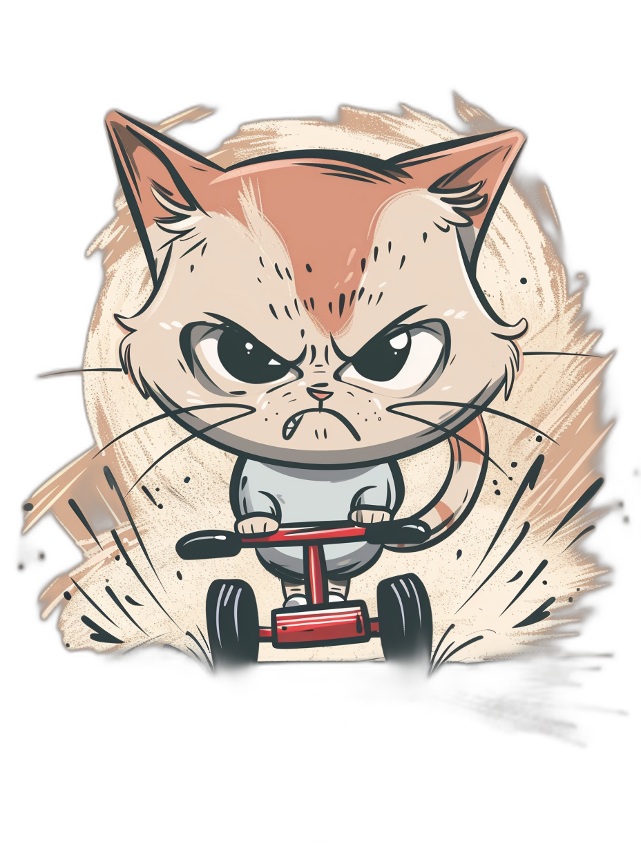 t-shirt design, cute chibi cat riding an electric scooter with an angry facial expression and a dark background, in the vector art style, detailed