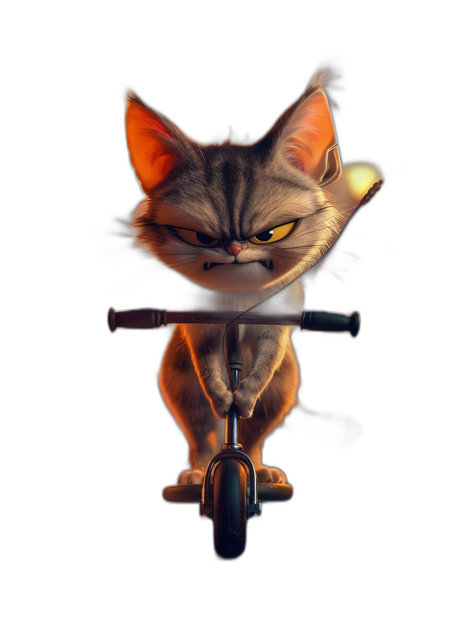 angry cute cat on the scooter, black background, in the style of Pixar, cartoon character portrait, digital art